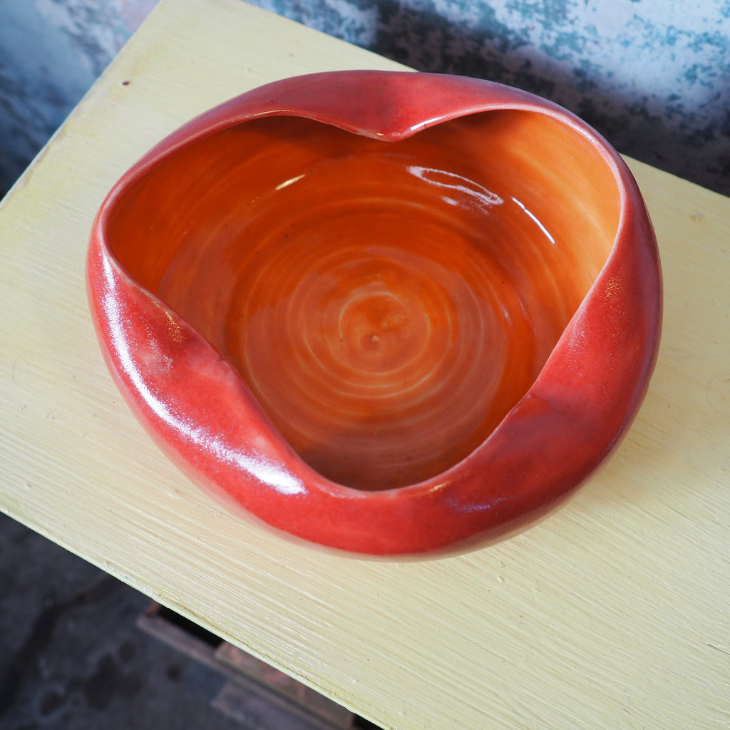 Orange red wavy edge bonbon bowlOrange-Red Wavy Edge Bonbon Bowl — Hand‑Thrown Art for Treats and Blooms