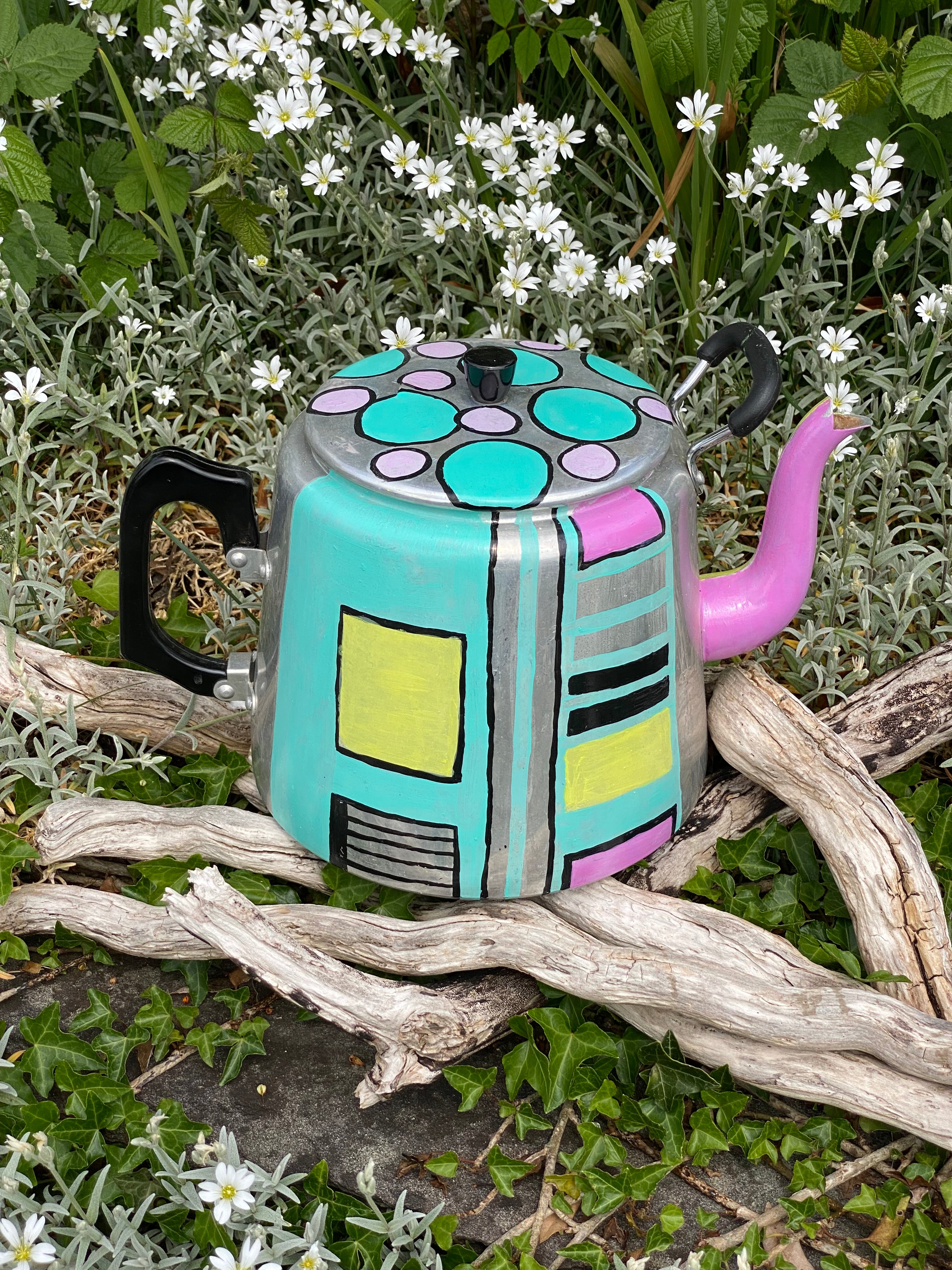 Stainless Steel Vintage Teapot Planter — Geometric Straights