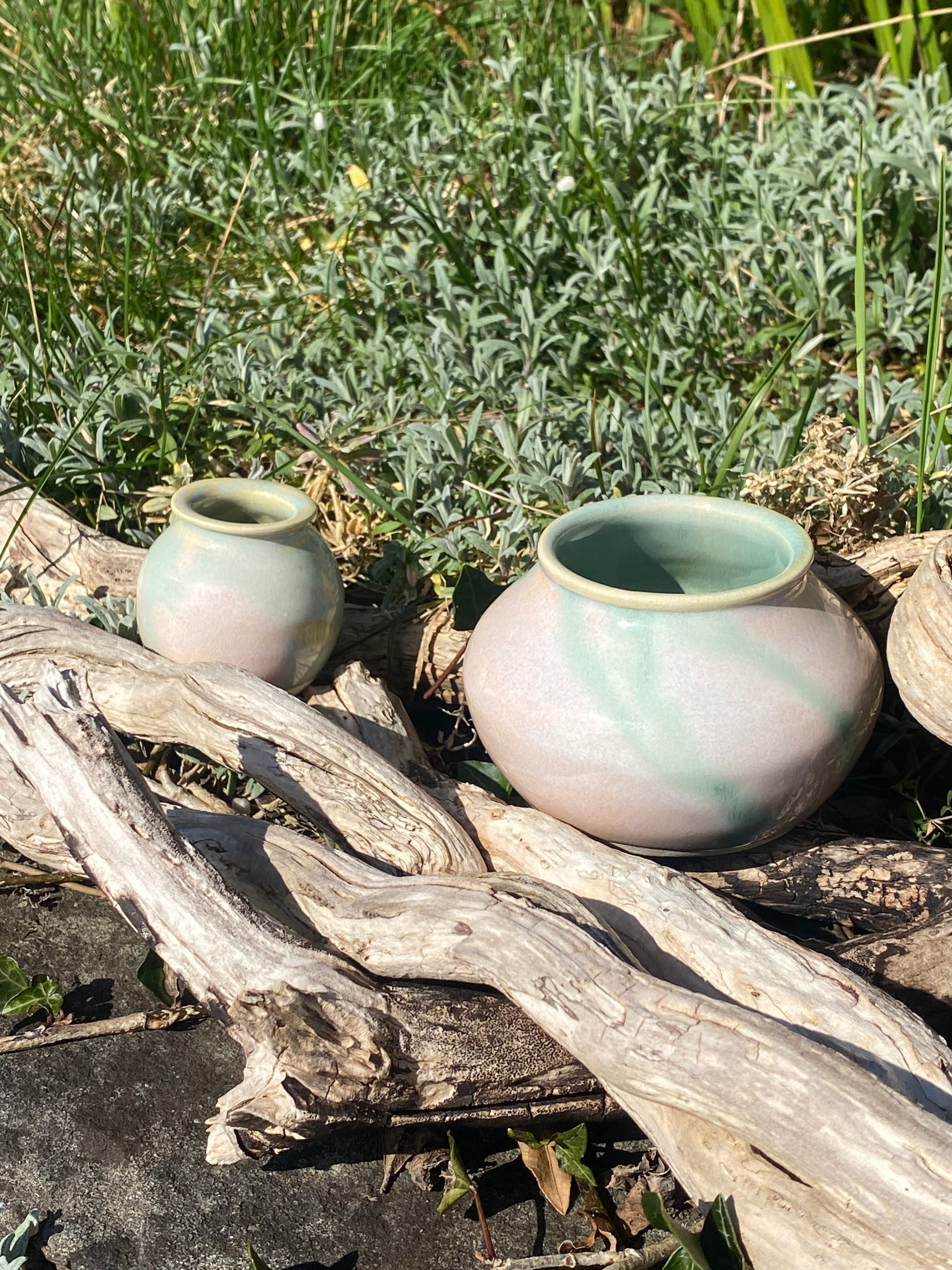 Narrow-Neck Green &amp; Opal Mini Pot — Cute, Compact Ceramic with Big Character