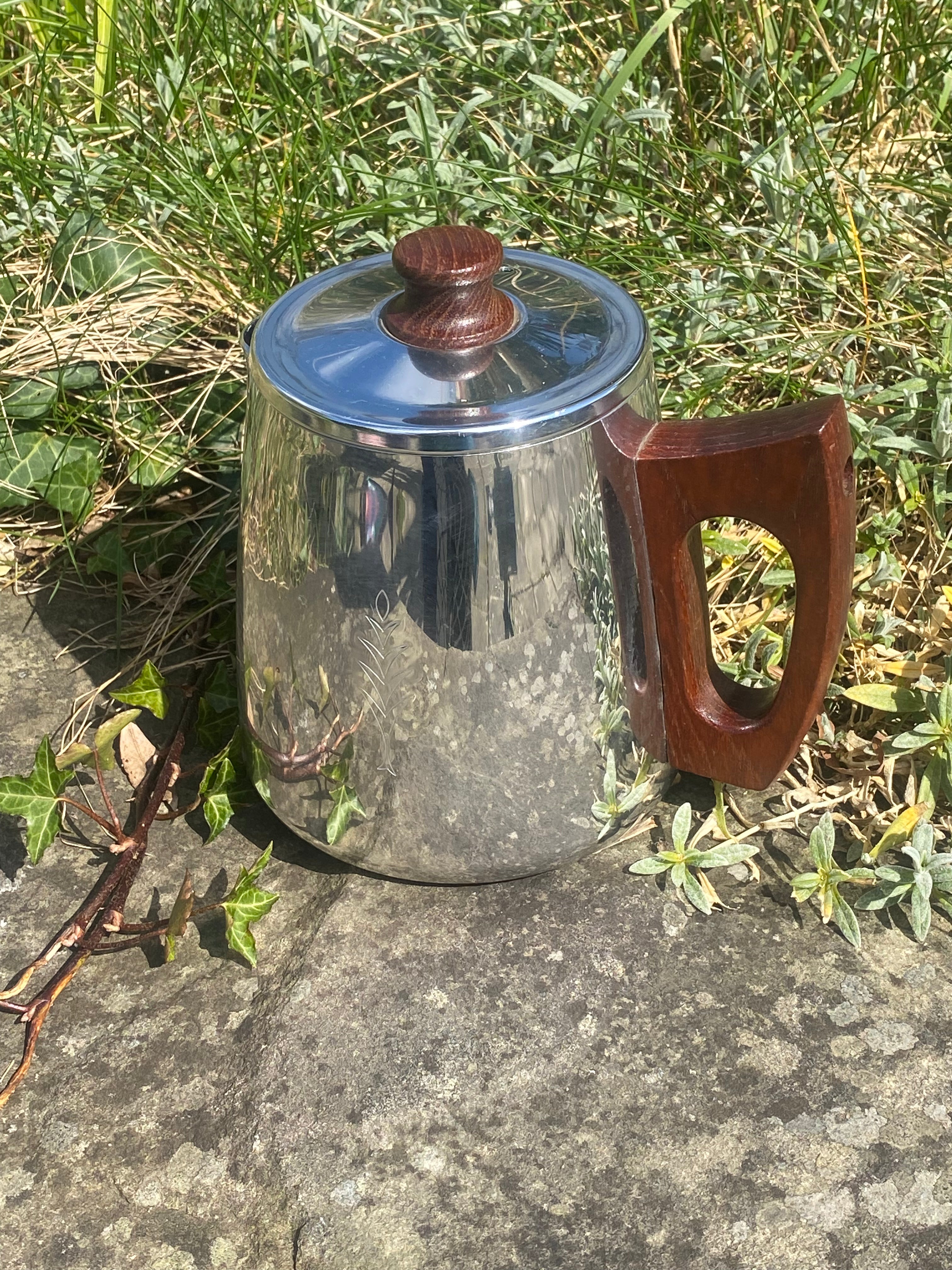 Mid‑Century Silver & Wood Coffee Set — 3‑Piece Elegance