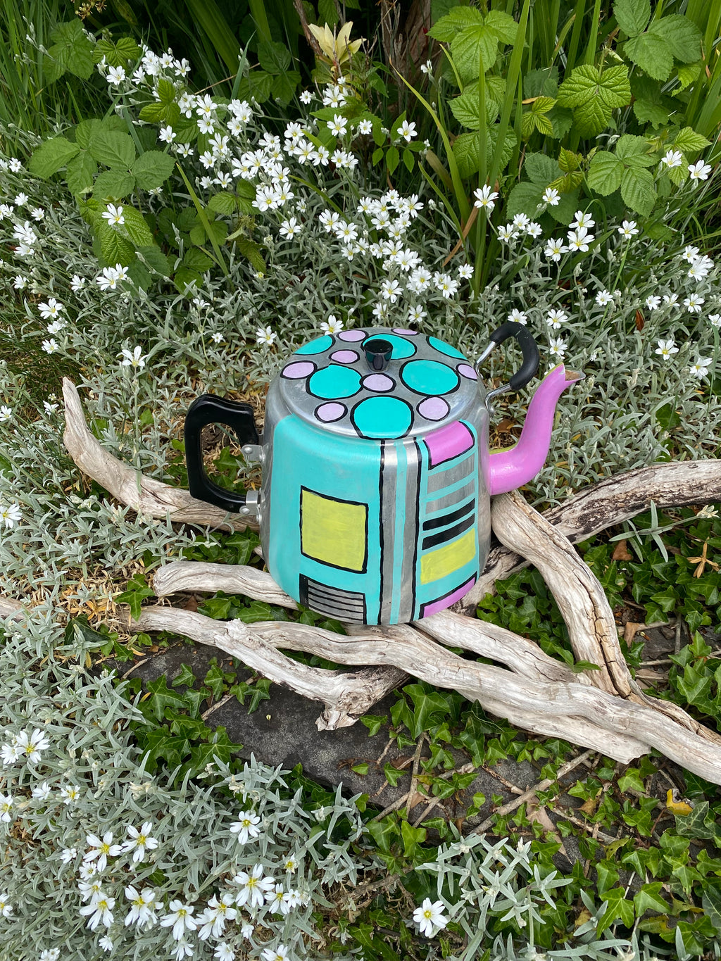 Stainless Steel Vintage Teapot Planter — Geometric Straights