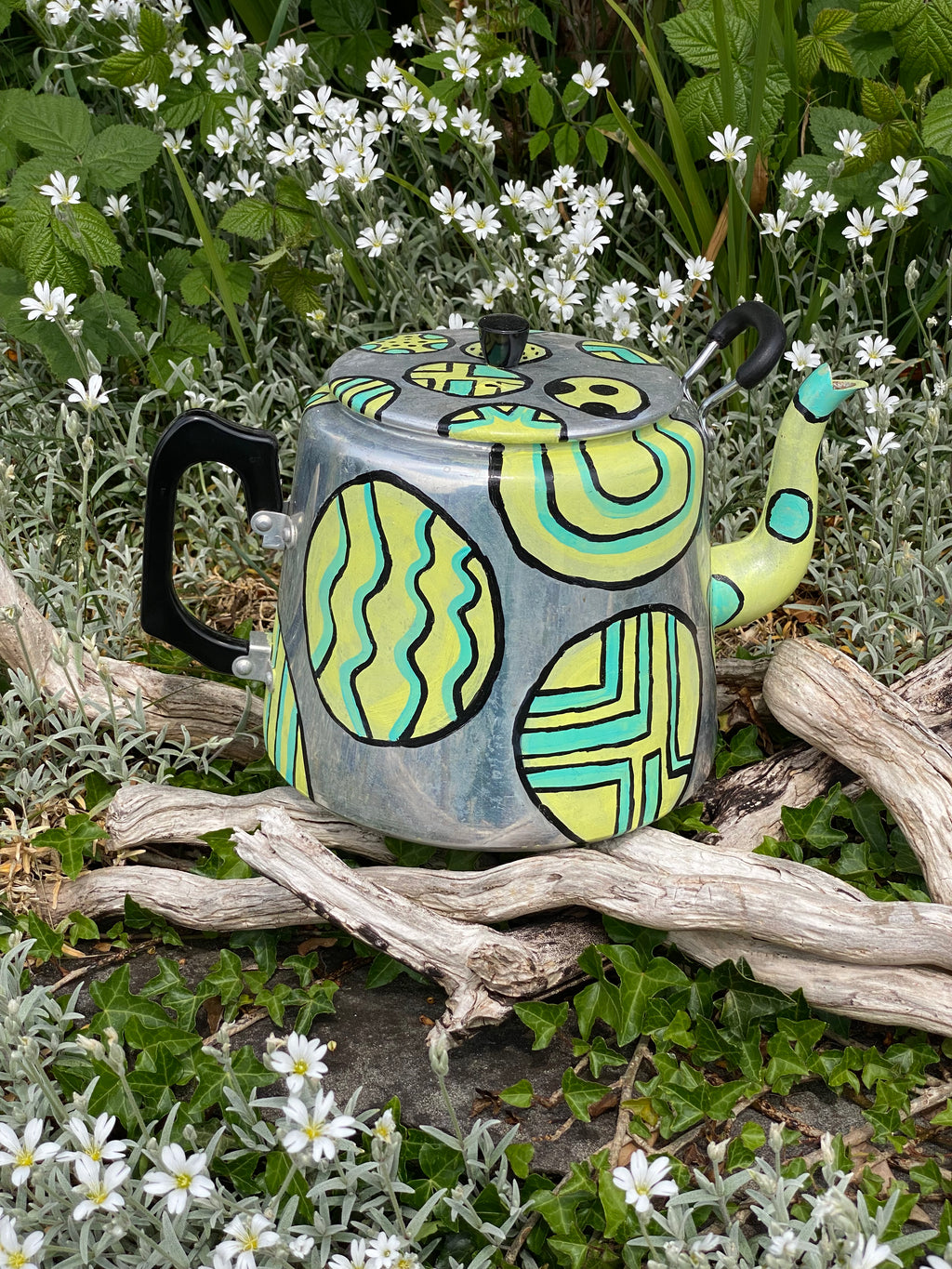 Geometric Curves: Stainless Steel Vintage Teapot Planter
