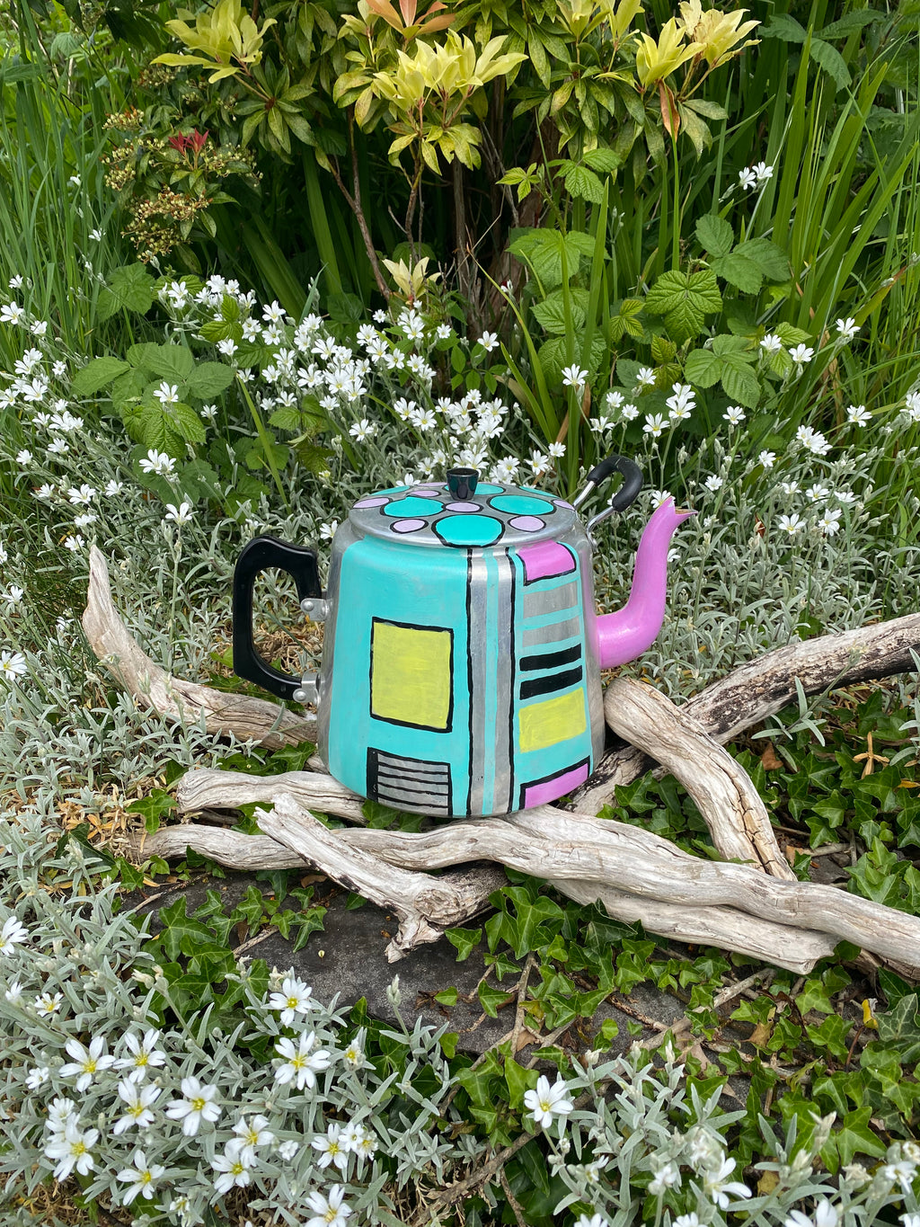 Stainless Steel Vintage Teapot Planter — Geometric Straights