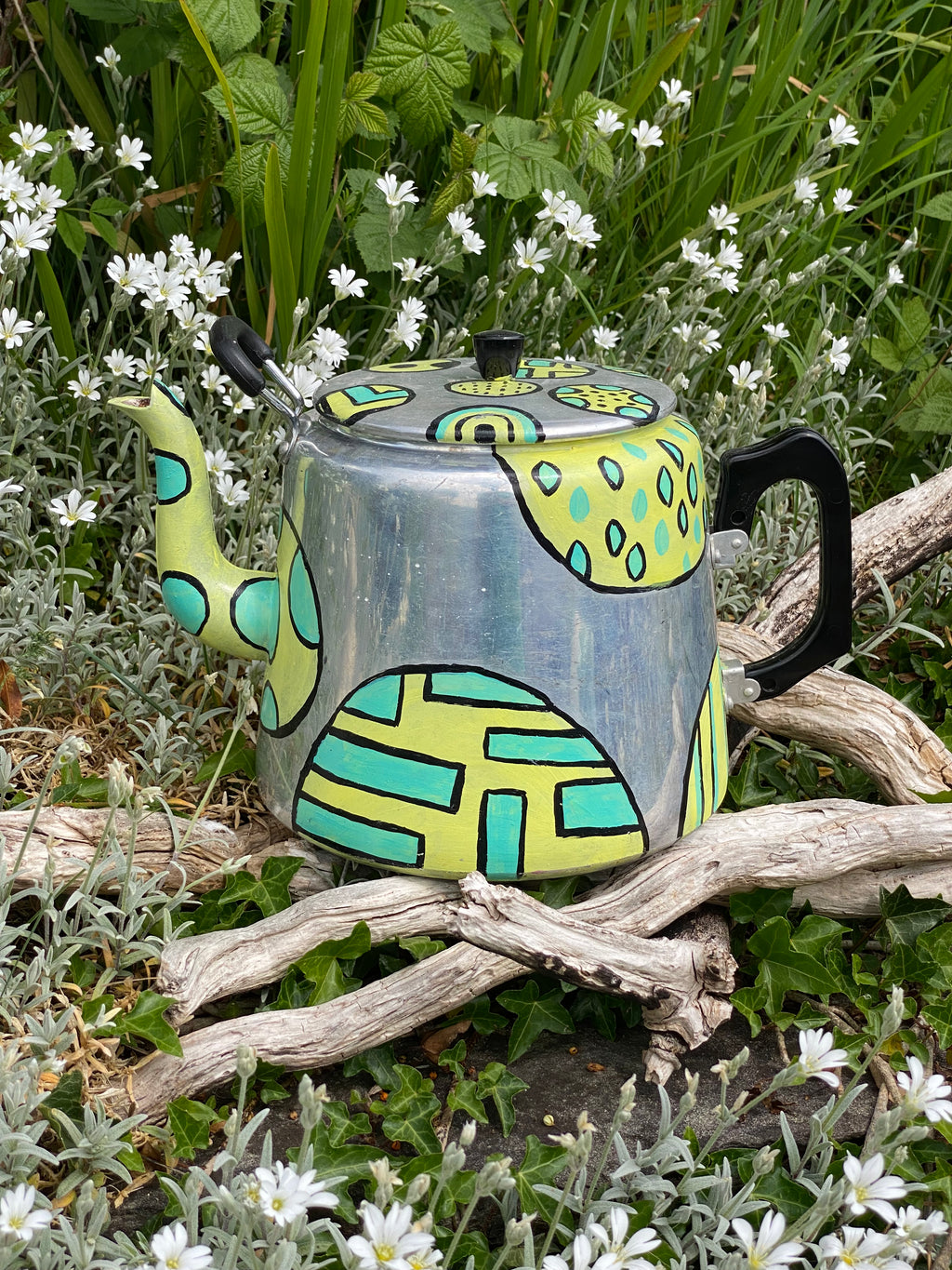 Geometric Curves: Stainless Steel Vintage Teapot Planter