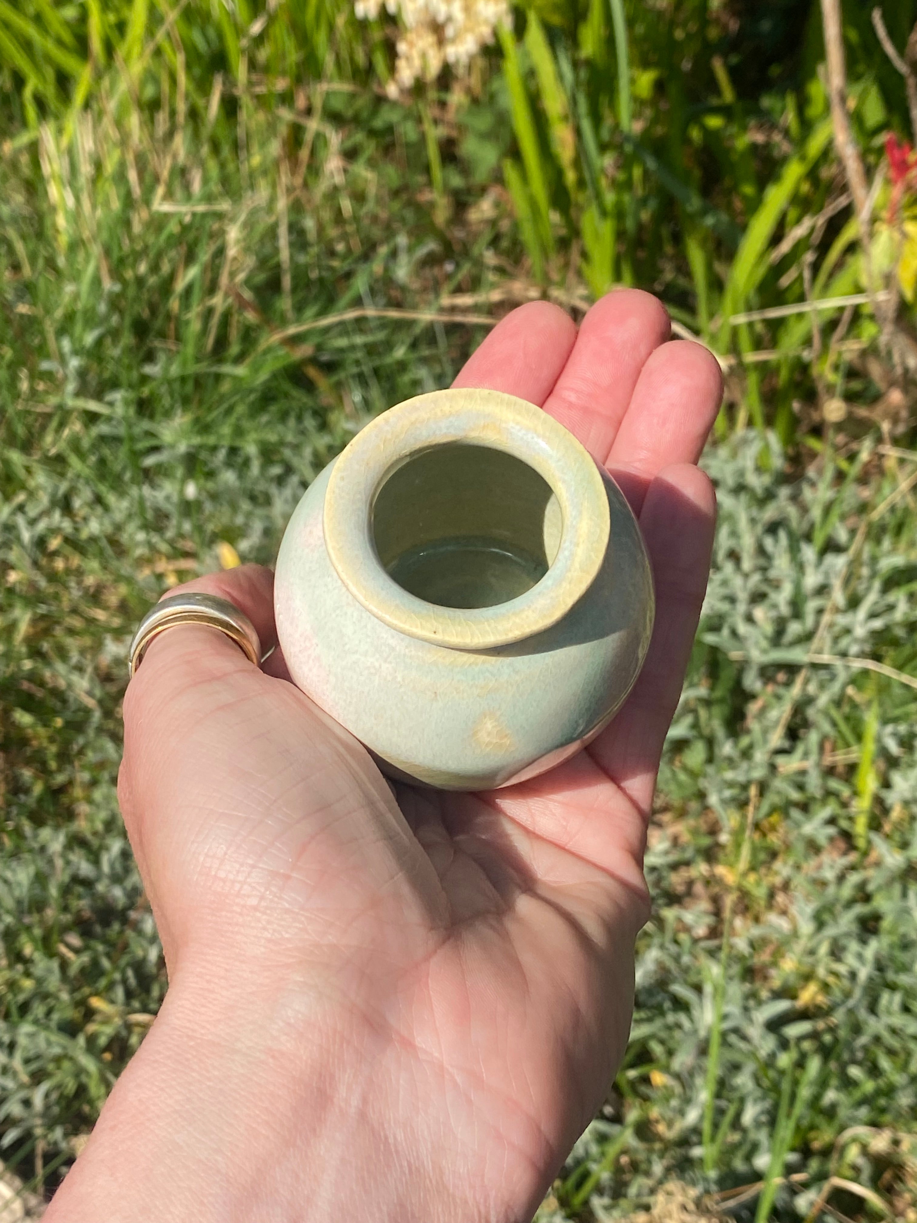 Narrow-Neck Green &amp; Opal Mini Pot — Cute, Compact Ceramic with Big Character