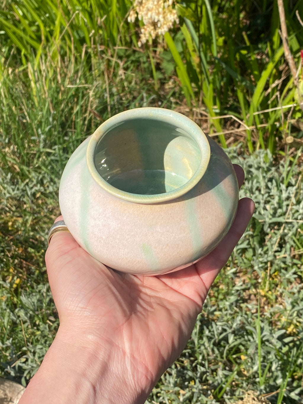 Narrow-Neck Green &amp; Opal Mini Pot — Cute, Compact Ceramic with Big Character