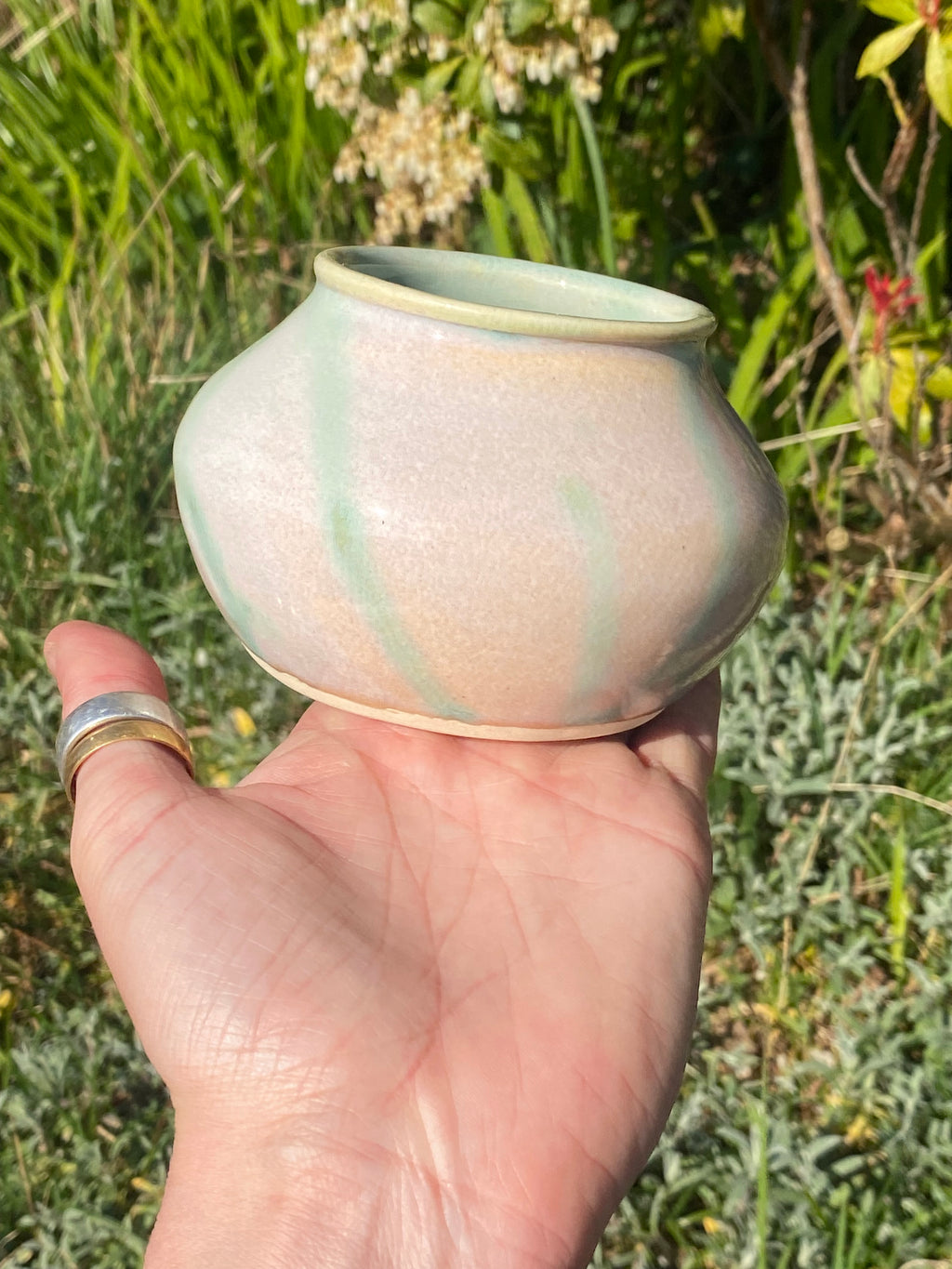 Narrow-Neck Green &amp; Opal Mini Pot — Cute, Compact Ceramic with Big Character