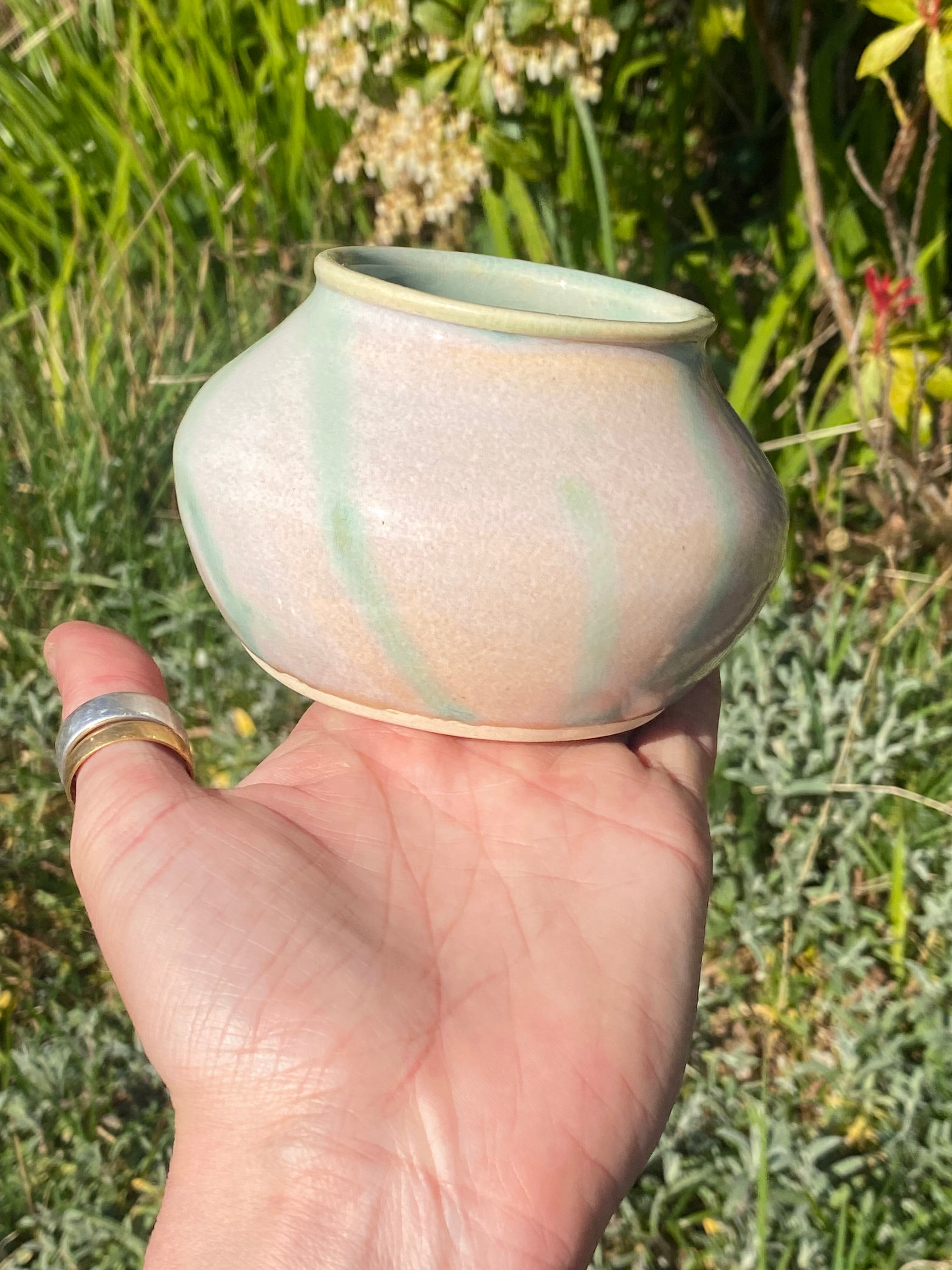 Narrow-Neck Green &amp; Opal Mini Pot — Cute, Compact Ceramic with Big Character