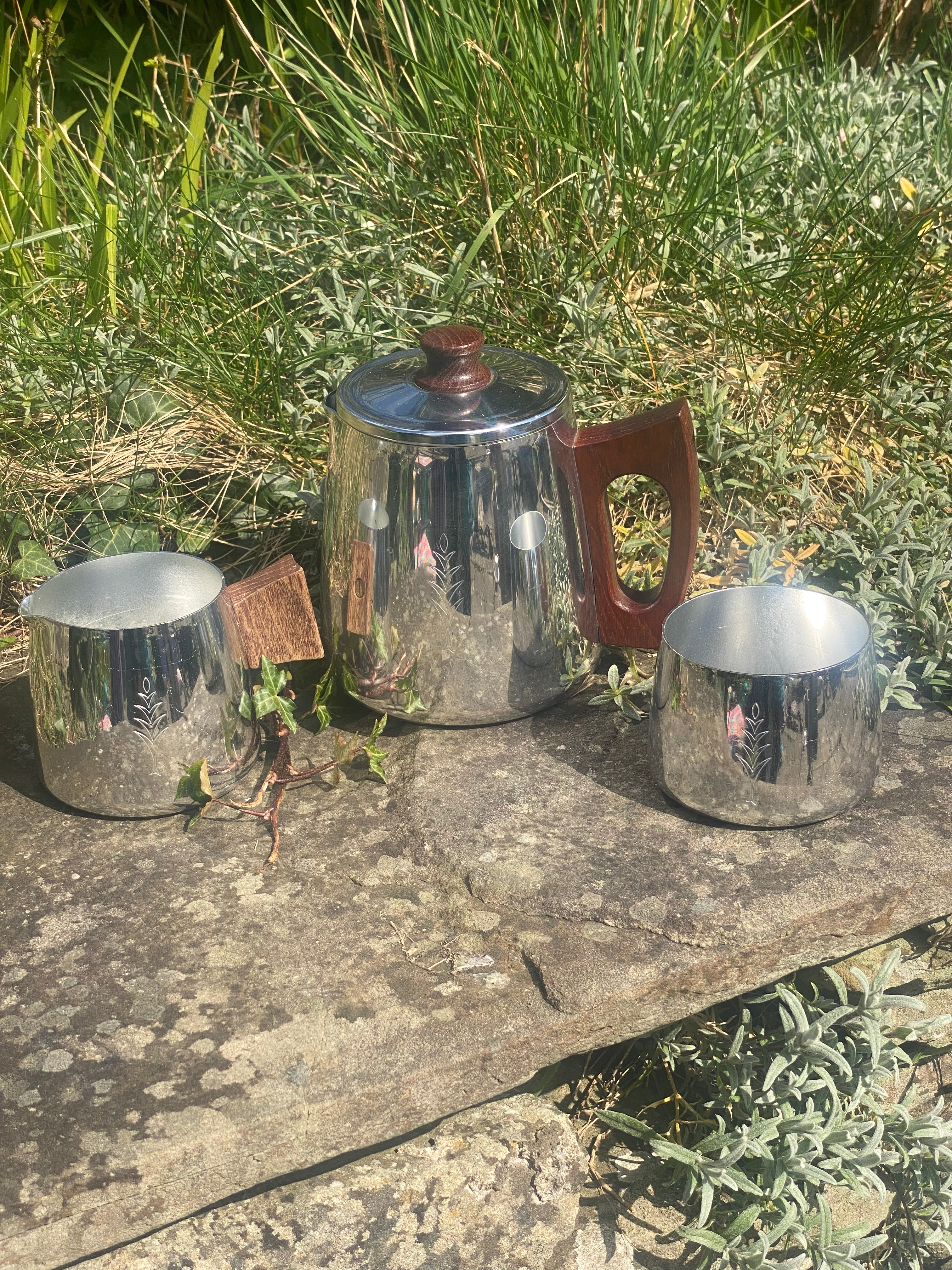 Mid‑Century Silver & Wood Coffee Set — 3‑Piece Elegance