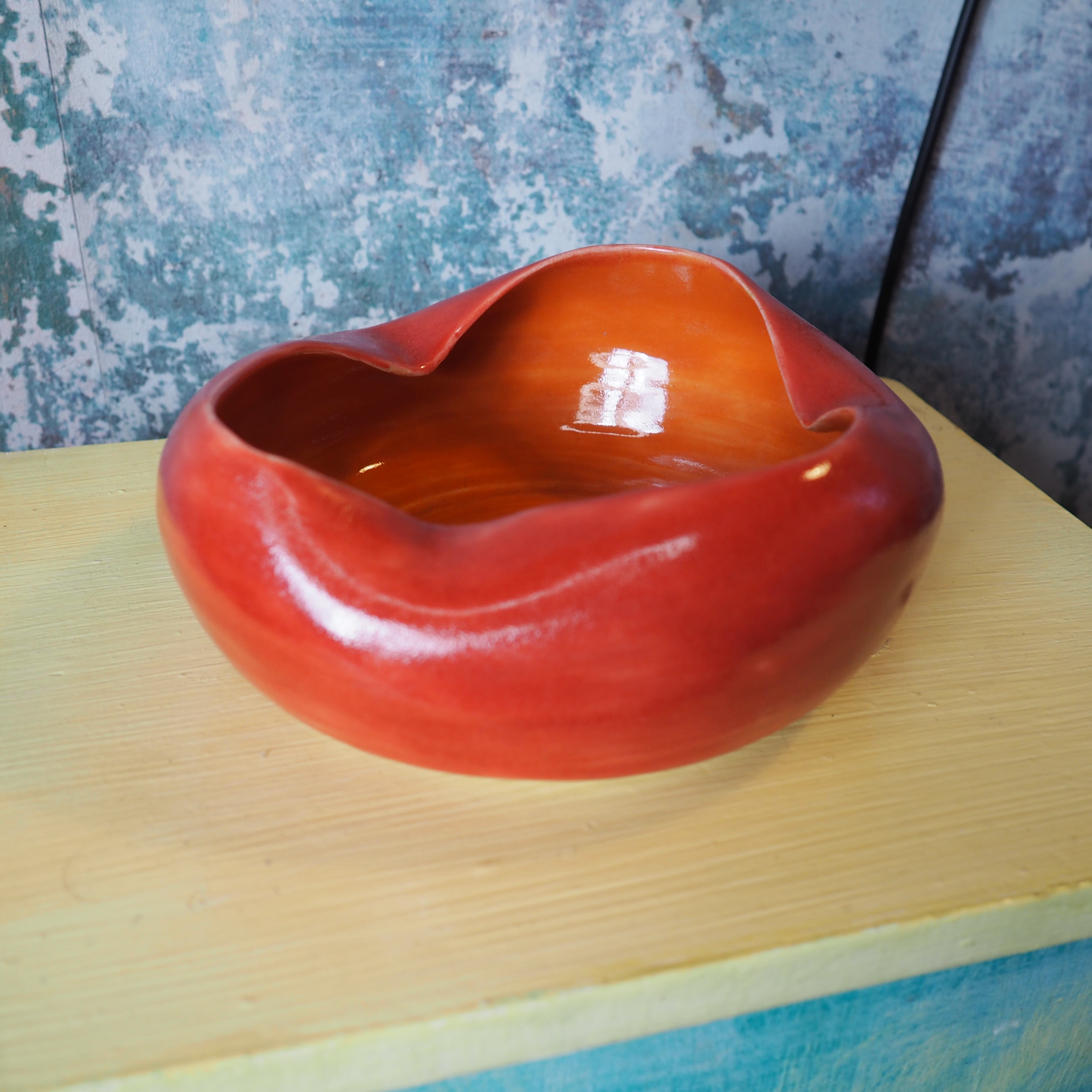 Orange red wavy edge bonbon bowlOrange-Red Wavy Edge Bonbon Bowl — Hand‑Thrown Art for Treats and Blooms