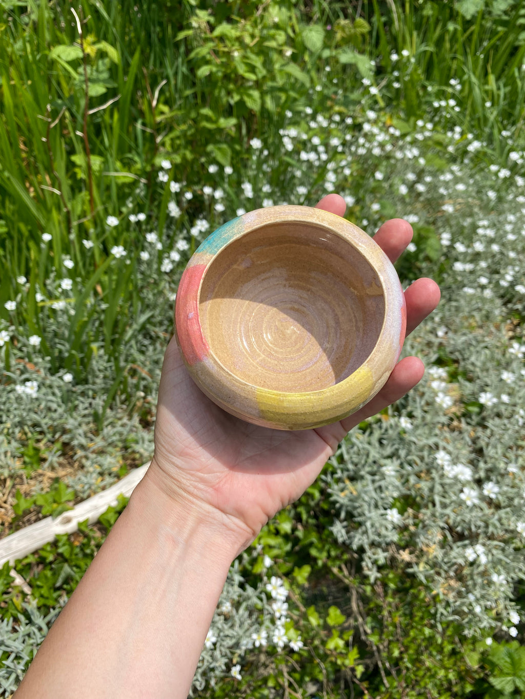Soft focus, candy colors, textured vessel, planter, sauce bowl.
