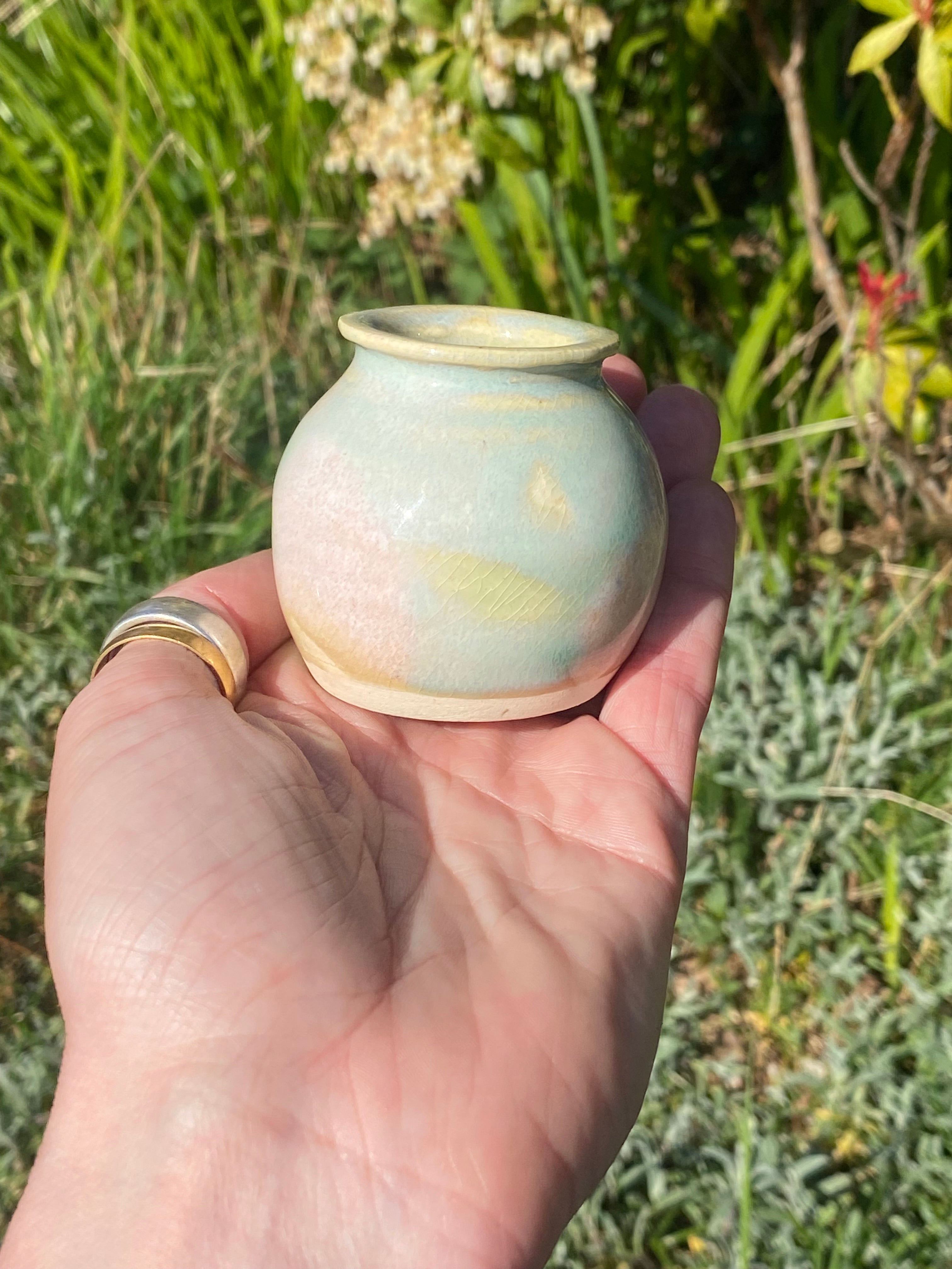 Narrow-Neck Green &amp; Opal Mini Pot — Cute, Compact Ceramic with Big Character