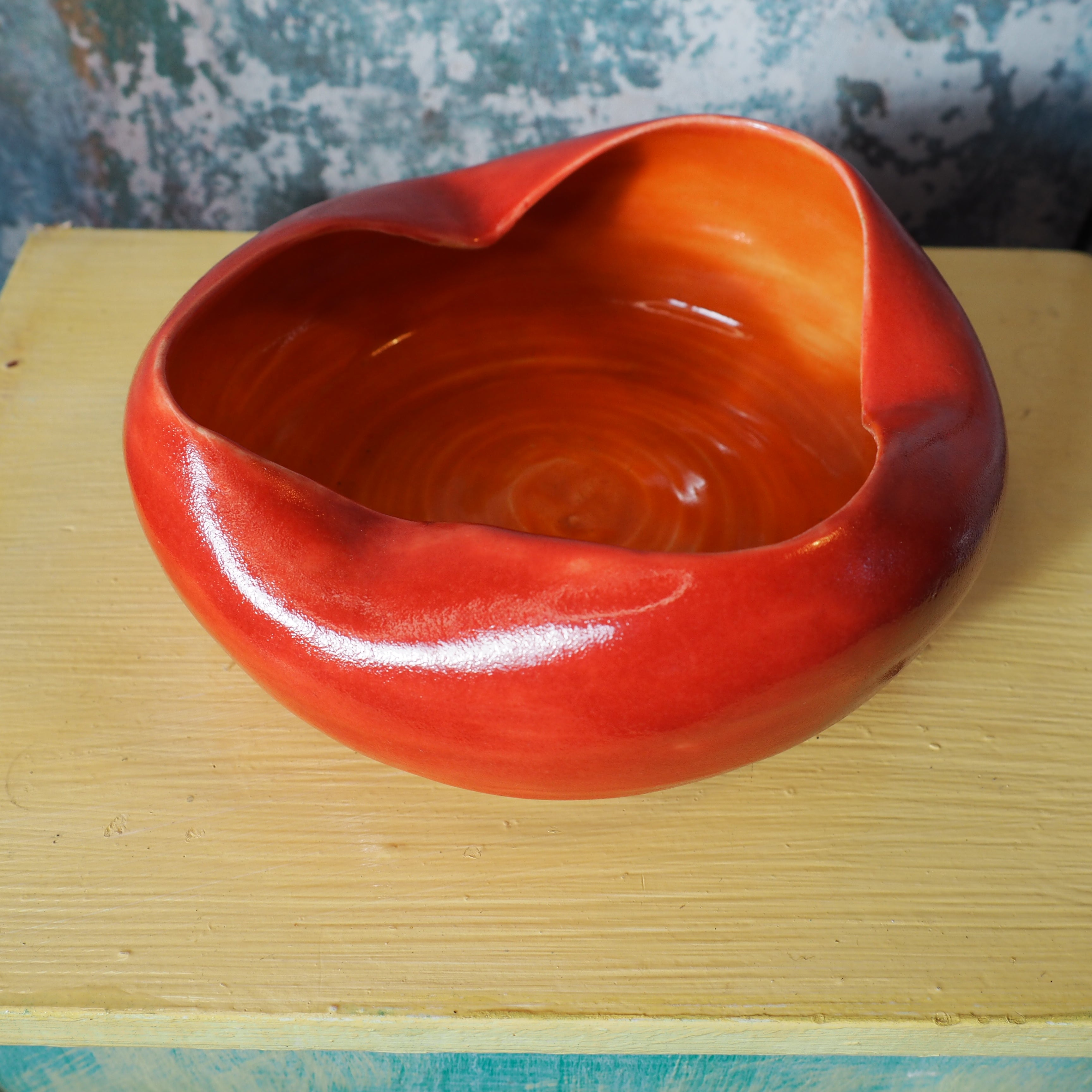 Orange red wavy edge bonbon bowlOrange-Red Wavy Edge Bonbon Bowl — Hand‑Thrown Art for Treats and Blooms