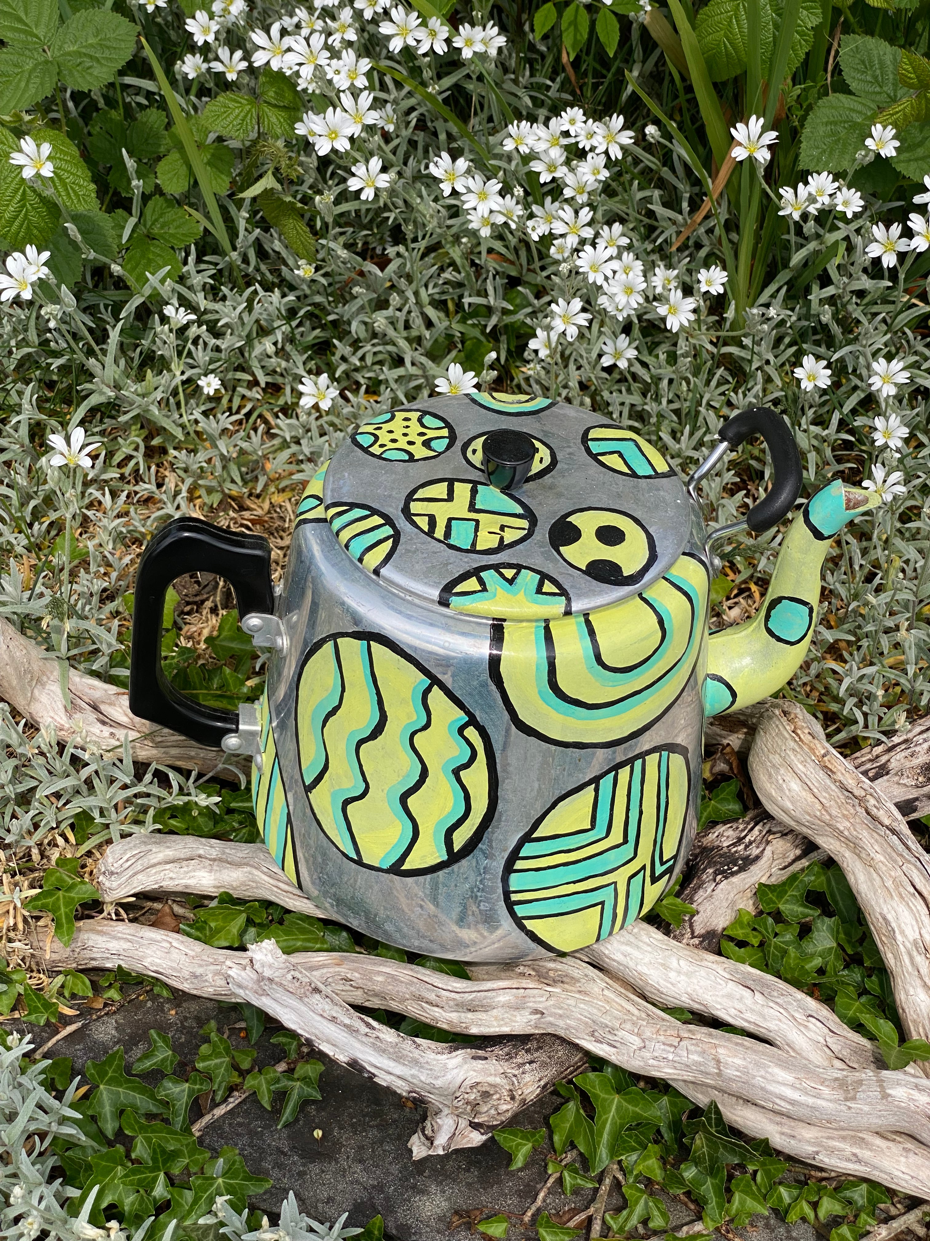 Geometric Curves: Stainless Steel Vintage Teapot Planter