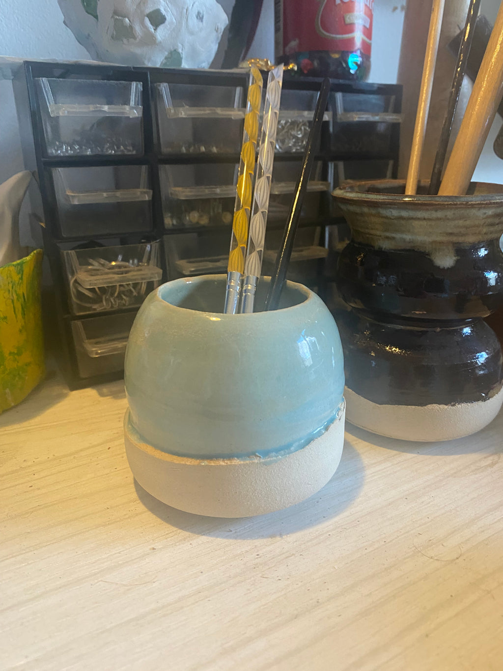 Eggshell-Blue Artists Vase: A Quiet Studio Companion for Brushes and Blooms