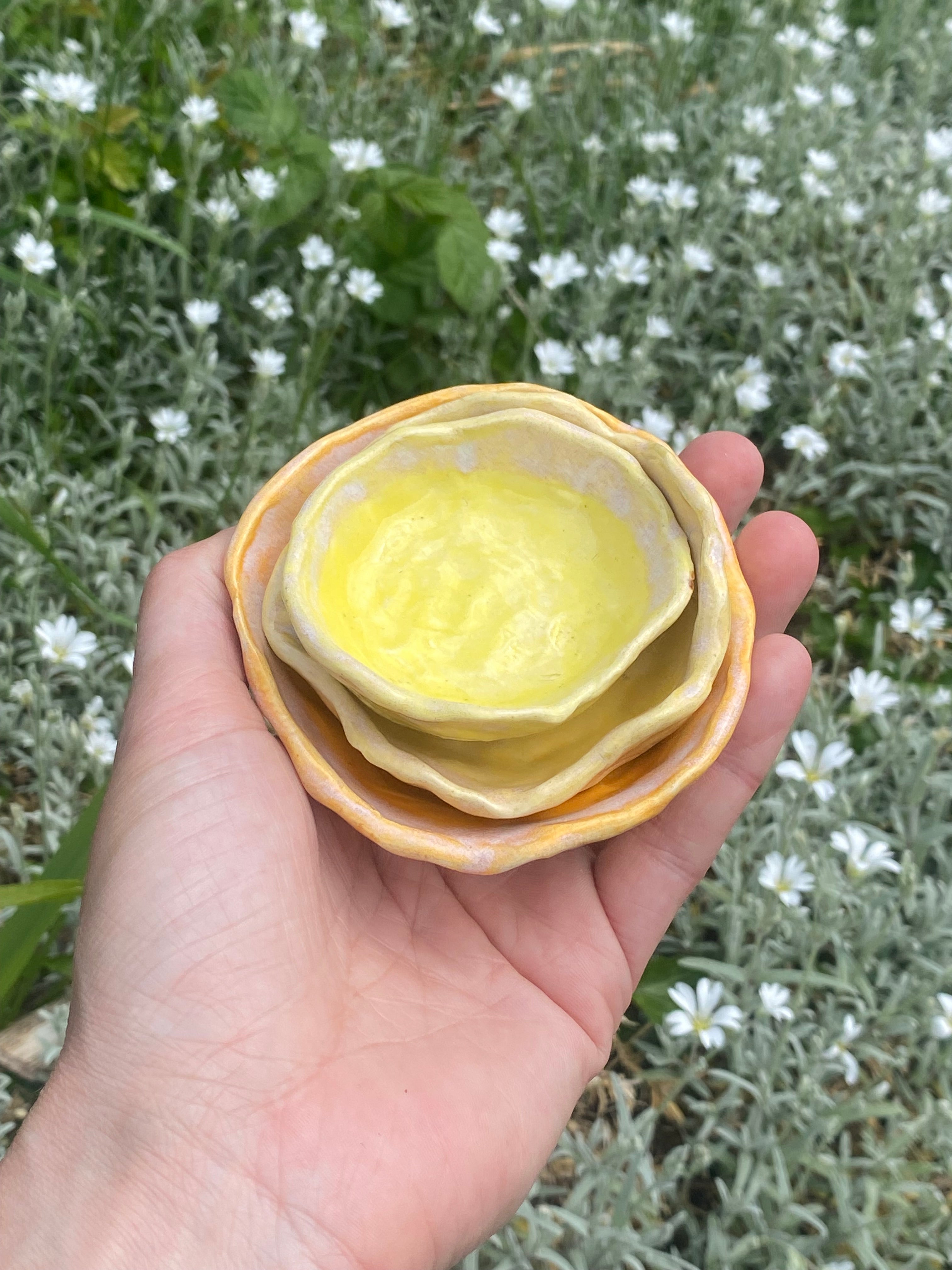 Sunshine Stacks: three mini yellow bowls for dipping, display and delight